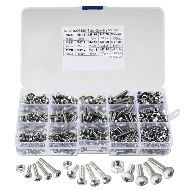 500Pcs M3 M4 M5 Stainless Steel Machine Screws and Nut Kits Hex Socket Button Head Cap Bolts Screws with Nuts Assortment Kit SCRW-113100 